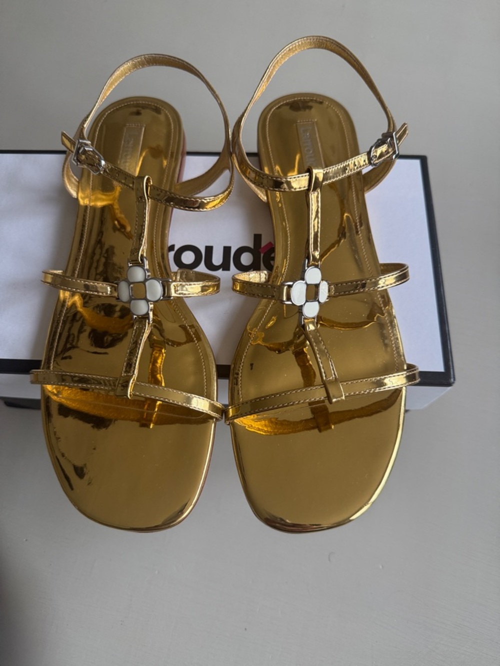 Larroude Metallic Gold Strappy Sandals with Flower Accent Size 10